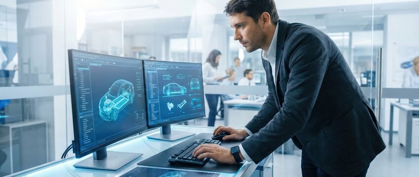 Professional Caucasian male automotive engineer working at a high-tech dual monitor workstation in a modern bright office, designing an electric vehicle chassis with 3D CAD software and technology.