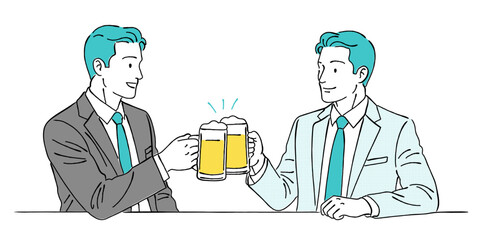 ビールジョッキで乾杯するビジネスマン2人の線画イラスト｜商談後・成功・懇親会