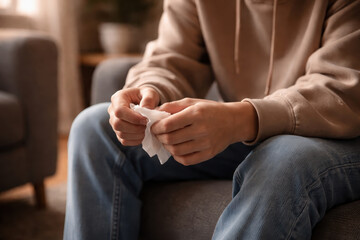 Teen therapy session teen mental health support, young person holding tissue during counseling, close up hands in hoodie and jeans on sofa showing anxiety and stress in private talk