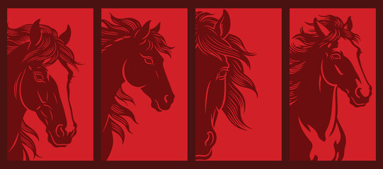 Horse head silhouettes illustration, symbolizing strength, freedom, and elegance. Dynamic flowing mane design in bold red style for logos, posters, tattoos, branding, and decorative graphics. © LeWen