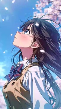 Anime School Girl Looking Up at Cherry Blossoms &ndash; Emotional Spring Breeze Vertical Video
、桜舞う青空を見上げる制服の少女 春風と希望を感じるエモーショナル縦動画
