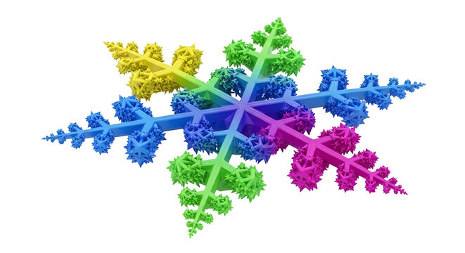 A vibrant, multi-colored, three-dimensional snowflake on a dark background