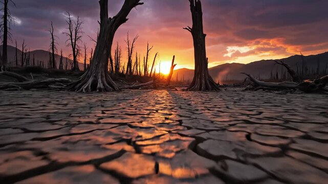 Dried cracked earth with dead trees at sunset