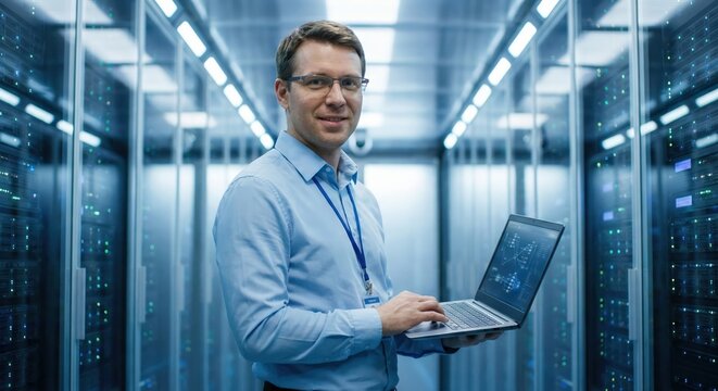 Smiling Caucasian Male IT Engineer in Glasses Holding Laptop in a Modern High-Tech Data Center, Professional Adult Specialist Managing Server Room Infrastructure, Indoor Technology Concept