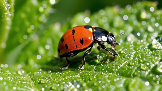 Ladybug insect red black spotted macro dewdrop leaf green nature close up fresh foliage with water drop detail outdoor wildlife ladybird insect macro fresh green leaf with sparkling dew water drop