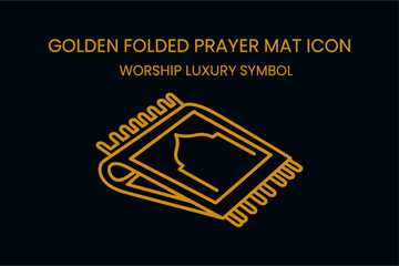 Golden folded prayer mat icon on black background. Luxury worship symbol for design.