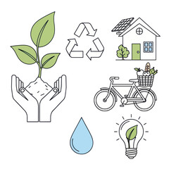Eco friendly line art icons set for green living concepts