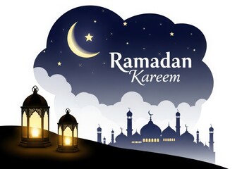 Obraz premium A serene night scene with mosques, lanterns, and a crescent moon during ramadan.