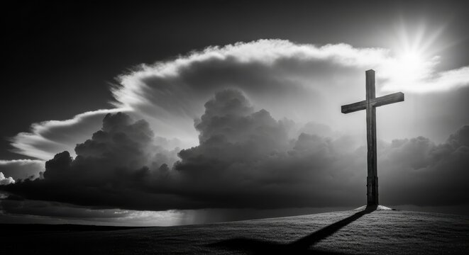 A dramatic black and white silhouette of the wooden cross stands solemnly against the sunlit, stormy sky, representing good friday.