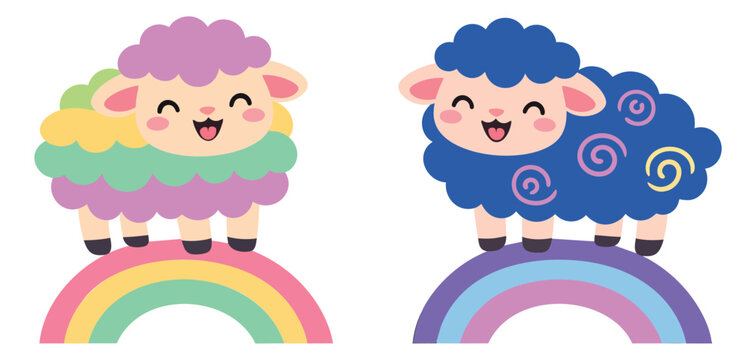 Cute cartoon sheep set featuring colorful lambs standing on rainbows for children's design