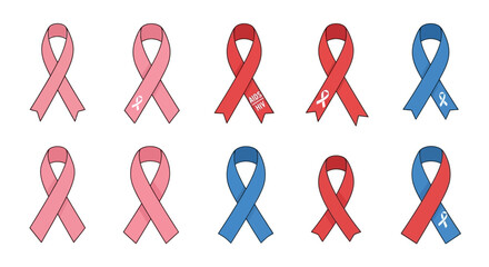 Colorful awareness ribbons for various causes including breast cancer, HIV, and more on a white background with a flat lay composition.