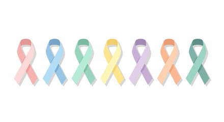 Colorful awareness ribbons for cancer, HIV, and other health conditions on a white background, symbolizing support and solidarity.