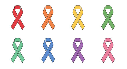 Colorful awareness ribbons for various causes including cancer, HIV, mental health, and more on a white background with a hopeful and supportive mood.