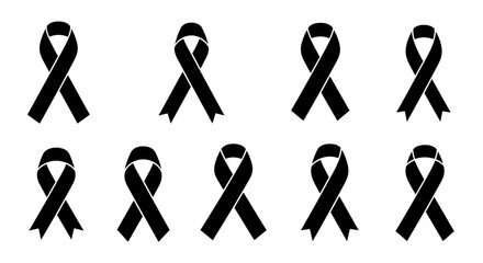 A collection of black awareness ribbons arranged in two rows on a white background, symbolizing support for various health conditions and social causes.