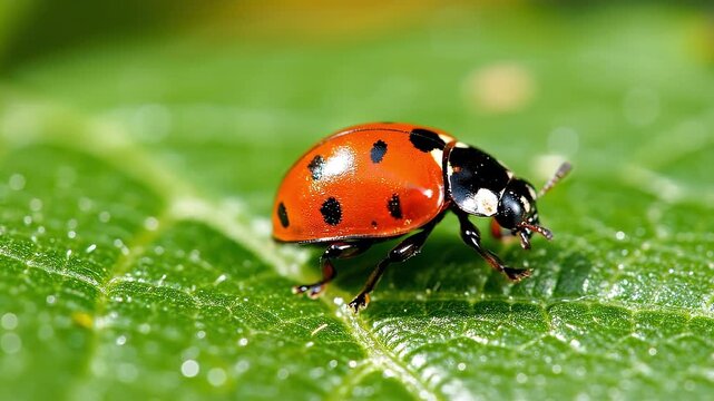Macro ladybug red beetle black spot green leaf insect closeup summer nature garden wildlife vibrant color shallow focus natural texture vivid detail glossy red shell rests on textured green leaf
