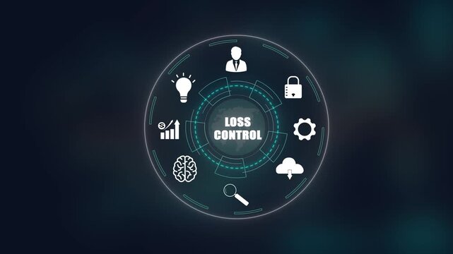 Loss Control management system, futuristic digital business protection interface, corporate risk mitigation and data safety, smart analytics for financial security and network defense.