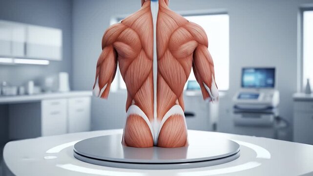 Anatomical Model of Human Torso Muscles on Display in Bright Medical Setting for Educational and