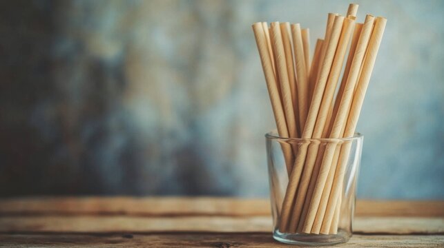 Compostable paper straws neatly arranged in a clear glass holder, resting on a rustic wooden table surface with a blurred background.