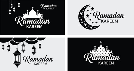 WebRamadan Kareem black and white vector silhouette collection featuring mosque domes, crescent moon with stars, hanging lanterns, and elegant typography for Islamic holiday greeting cards © Itz Mehedi's World