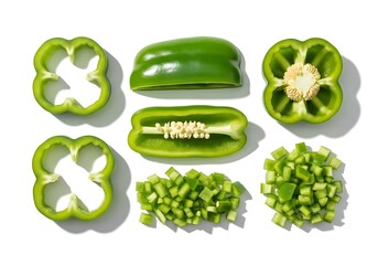 Fresh Green Bell Peppers Sliced Diced and Whole Ingredients for Cooking