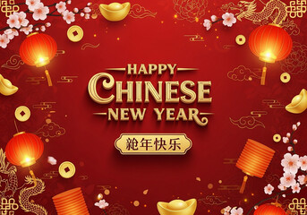 Elegant Golden Happy Chinese New Year Celebration with Dragon and Lantern Ornament