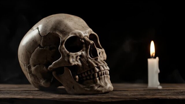 Creepy Human Skull Leaning on Table with Smoky Candle and Dark Background for Halloween Theme