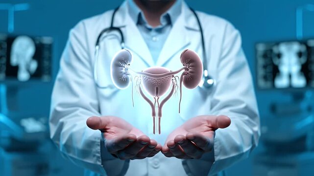 Doctor Holding Human Bladder Model in Hands Anatomy Healthcare Medicine, Blue Background with X-ray