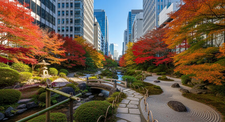 ビルの谷間の紅葉の日本庭園