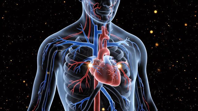 Human Anatomy Animation with Heartbeat on Transparent Background Showing Veins and Arteries Blood