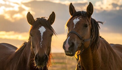 Obraz premium Two brown horses stand together, sun casting golden light