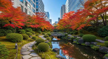 ビルの谷間の紅葉の日本庭園