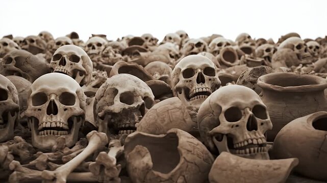 Pile of Human Skulls and Bones in Sepia Tone, a Macabre Archaeological Scene, Featuring Earthenware