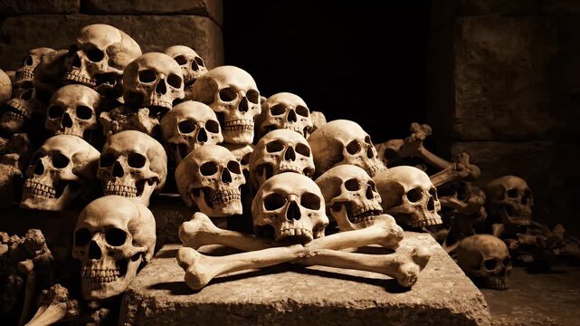 Pile of Human Skulls and Bones in Dark Sepia Tone Dungeon Environment for Horror Themes or