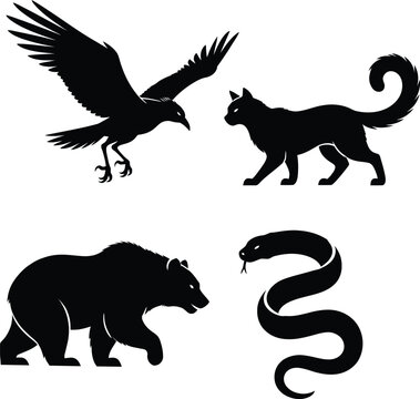 Set of black silhouette animal icons featuring a wild bear snake flying crow and a cat on a white background.