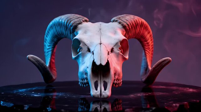 Ram Skull on Reflective Surface Lit with Red and Blue Hues Against a Dark Background with Smoke