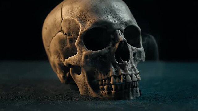 Skull Resting on Stone Slab with Atmospheric Fog and Dark Backdrop Dramatic Lighting Creates an