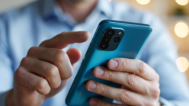 Man holding blue smartphone