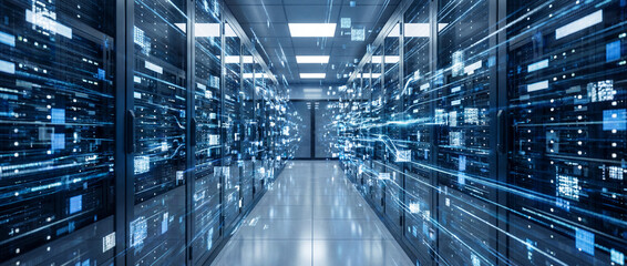 Fototapeta premium Data Center's Core: An interior shot of a cutting-edge data center, where rows of powerful servers hum, communicating to the digital world. The network's core!