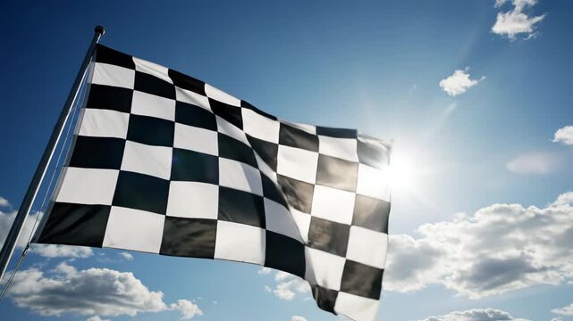 Checkered flag waving in sky