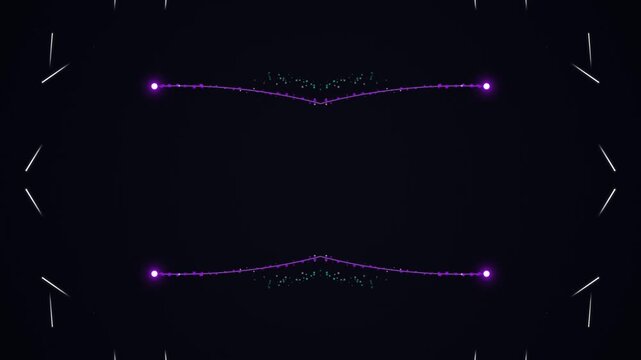Symmetrical purple neon lines on black background viewed straight with glowing endpoints and scattered white dashes