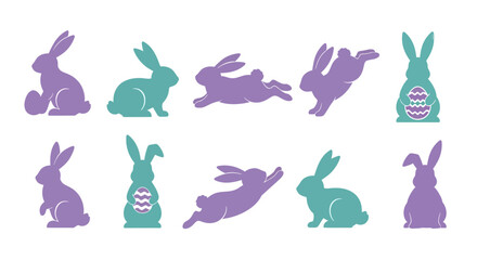 Collection of purple and teal Easter bunny silhouettes with decorated eggs on a white background in a flat design style.
