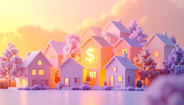 Modern luxury houses with dollar signs rising in sunset sky financial growth real estate investment success wealth concept 3d illustration