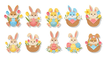 Flat design Easter bunny stickers with eggs and spring flowers on white background for holiday celebration and kids party decoration.