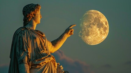 Obraz premium Ancient Roman or Greek neoclassical statue, a pointing the moon