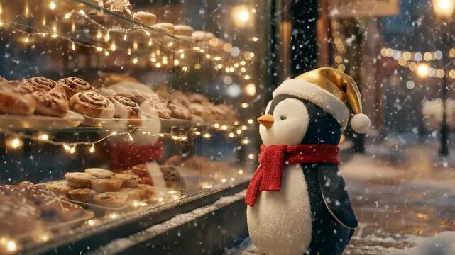 xmas penguin. A cute penguin wearing a Santa hat and red scarf gazes longingly at a bakery display filled with delicious holiday treats, surrounded by softly falling snow and twinkling lights