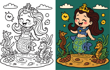Obraz premium Joyful mermaid princess swimming with seahorses in underwater world coloring page activity