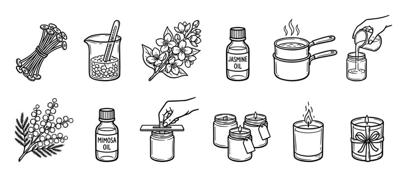 Hand-drawn candle making process icons showing ingredients like wax, wicks, jasmine and mimosa essential oils, and steps for creating homemade scented aromatherapy candles