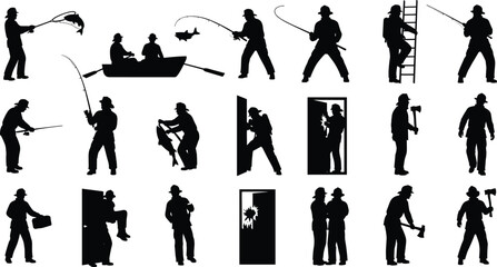 Obraz premium Large Vector Collection of Black Silhouette Figures Featuring Professional Firefighters in Action Rescue Poses and Fishermen Catching Fish with Rods on White Background