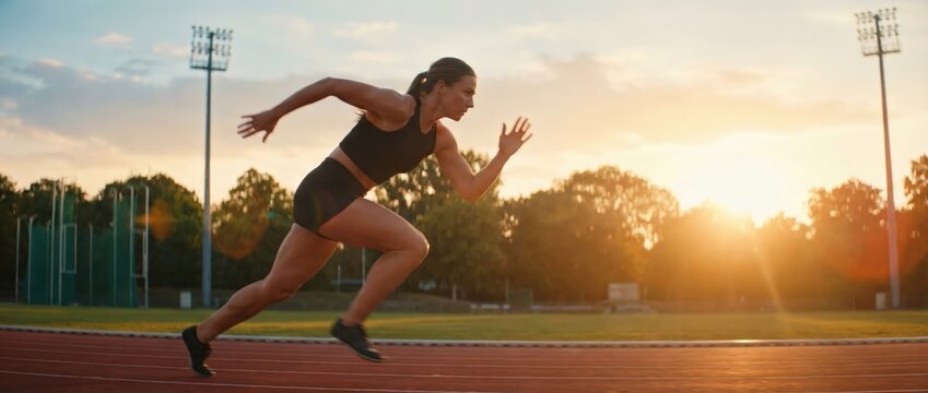 Fit Caucasian Woman Sprinter Training on Outdoor Running Track During Golden Hour Sunset; One Adult Female Athlete in Motion Practicing Fitness and Athletics in a Peaceful Summer Morning Atmosphere