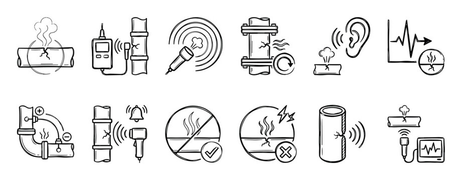 Hand-drawn pipe leak detection icon set with various symbols for diagnostics, acoustic analysis, maintenance, and inspection of plumbing systems in a simple sketch illustration style